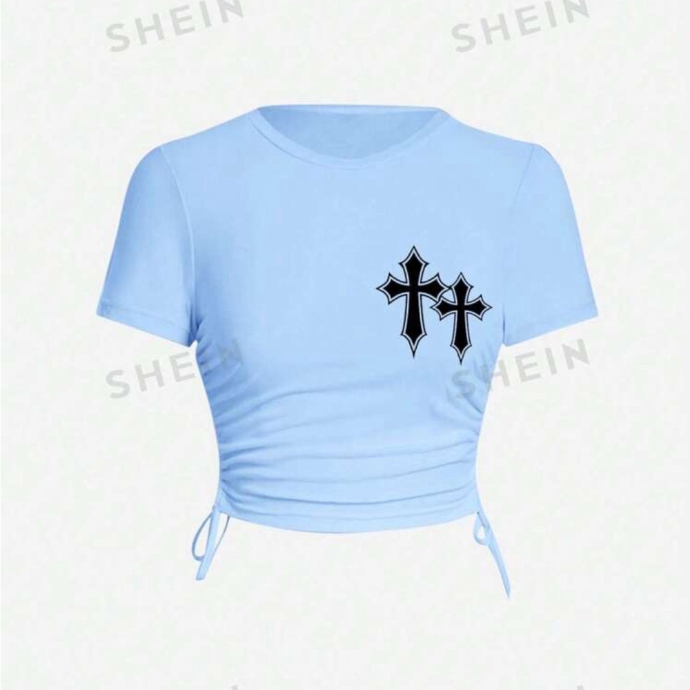 Baby Blue Shirt With Strings And Black Cross Graphics